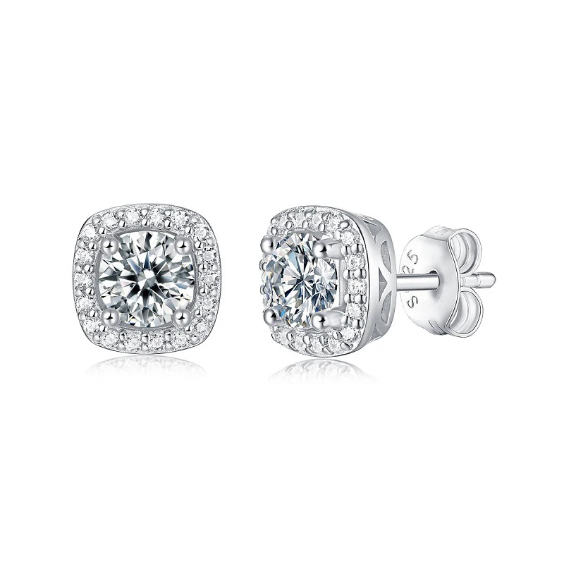 LESF Stud Earrings Women S925 Silver Luxury Square Surround Inlaid with Moissan Diamonds 1 Carat Earring Type