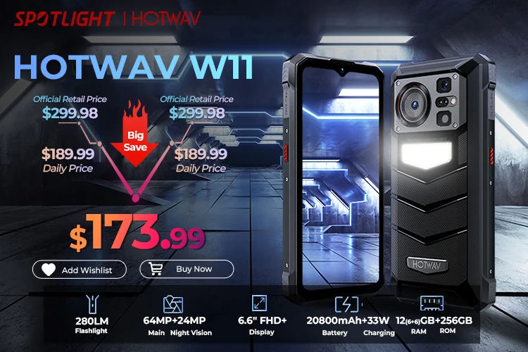 HOTWAV Hyper 7S Rugged Phone 5G Octa-core Android 15 Smartphone 6.6'' HD+ 120Hz 10800mAh 20W Mobile Phone 4GB 256GB Cellphone