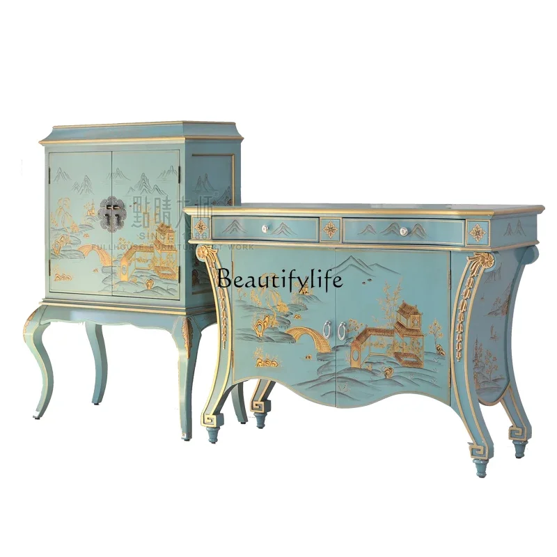 

ls 42 Classical painted blue and gold entrance corridor table storage cabinet sofa back table