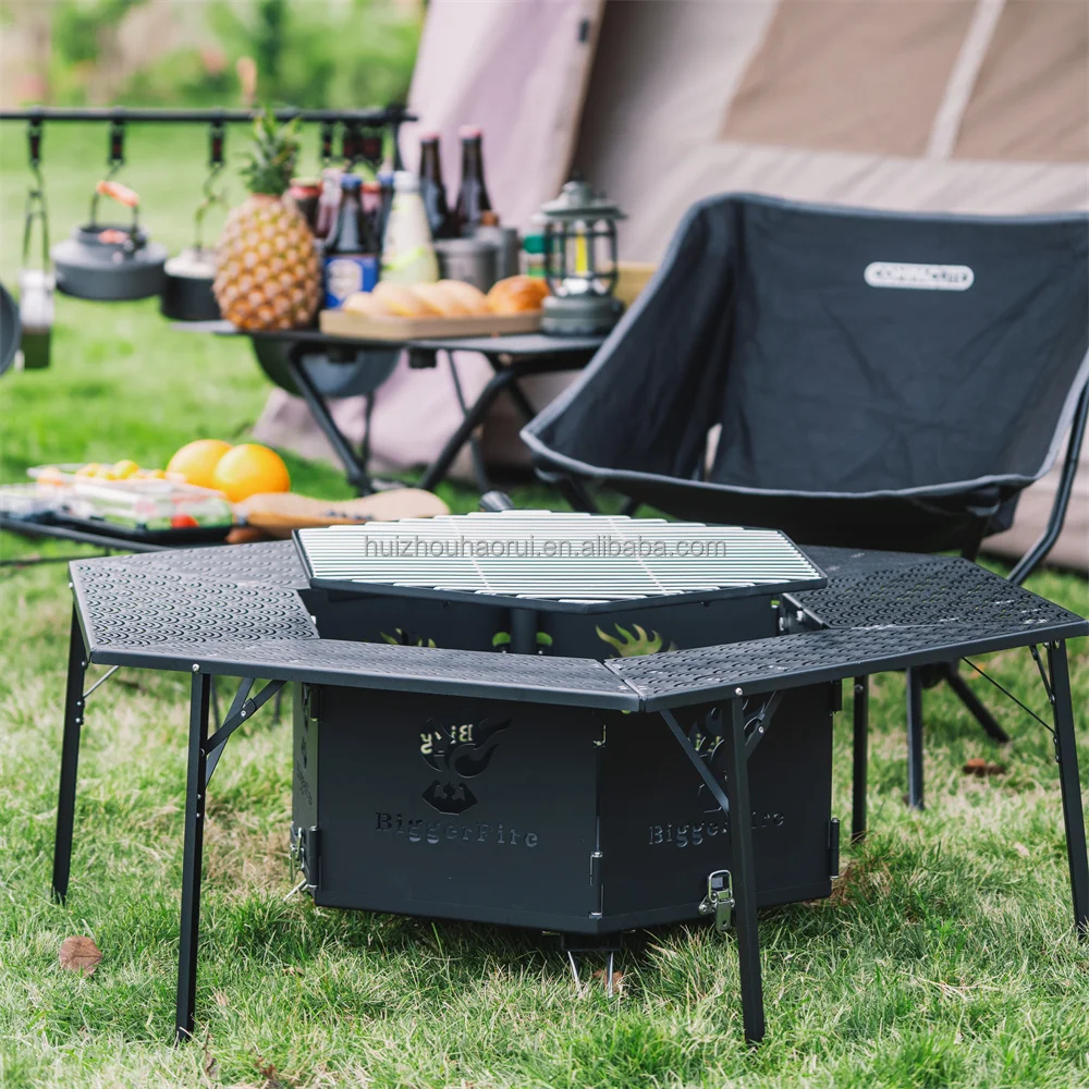 Outdoor Metal Fire Pit Side Table Foldable Portable Camping Table