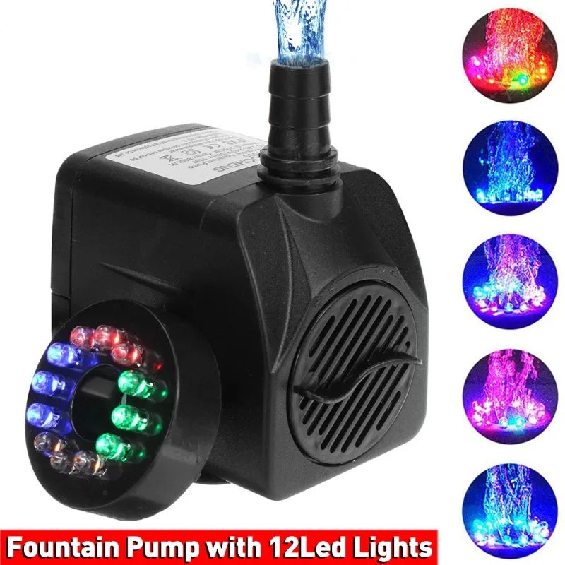 Bomba de Agua Sumergible Ultrasilenciosa Portátil de 16W con Luz LED para Fuentes, Peceras, Jardines, Acuarios, Cascadas, Estanques y Piscinas