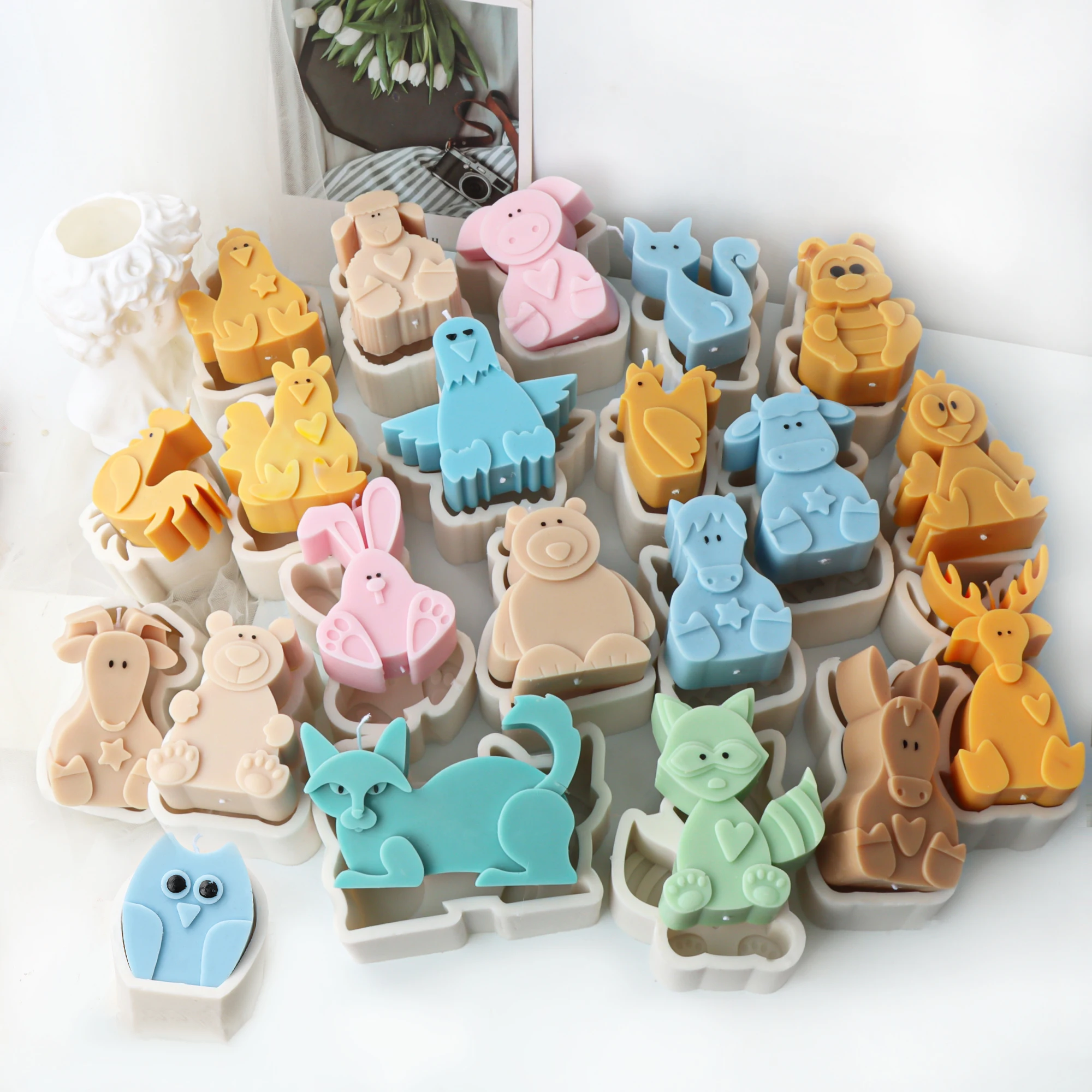 Flat Animal Candle Mold Dog Cat Craft Mould Fox Owl Aromatherapy Plaster Resin Decoration Making Supplies Home Handmade Gifts