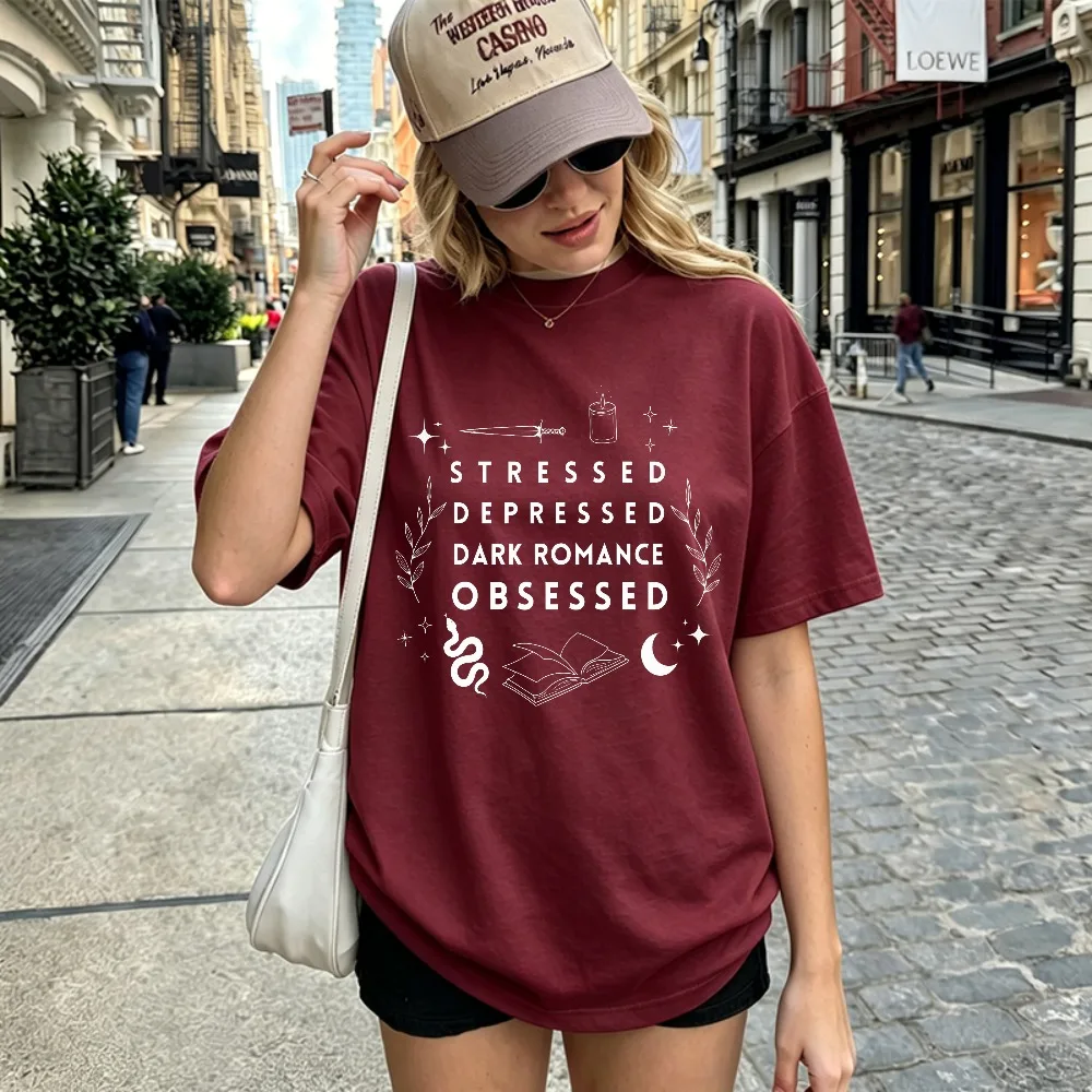 Minimal Stressed Depressed Dark Romance Print Tshirt Snake Moon Sword Book Graphic Short Sleeve Casual Reading Daily Wear Tee
