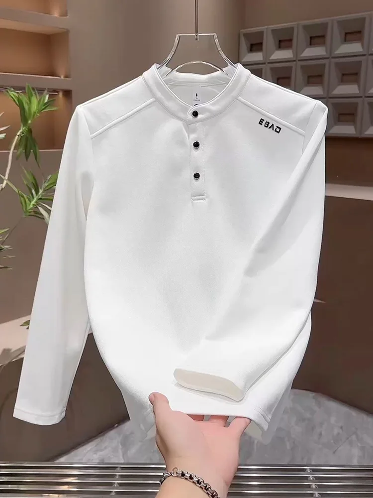 

Новая мужская белая тонкая толстовка с воротником-стойкой, модная повседневная футболка с длинным рукавом, базовая футболка, топ, облегающий крой, удобный, дышащий материал.