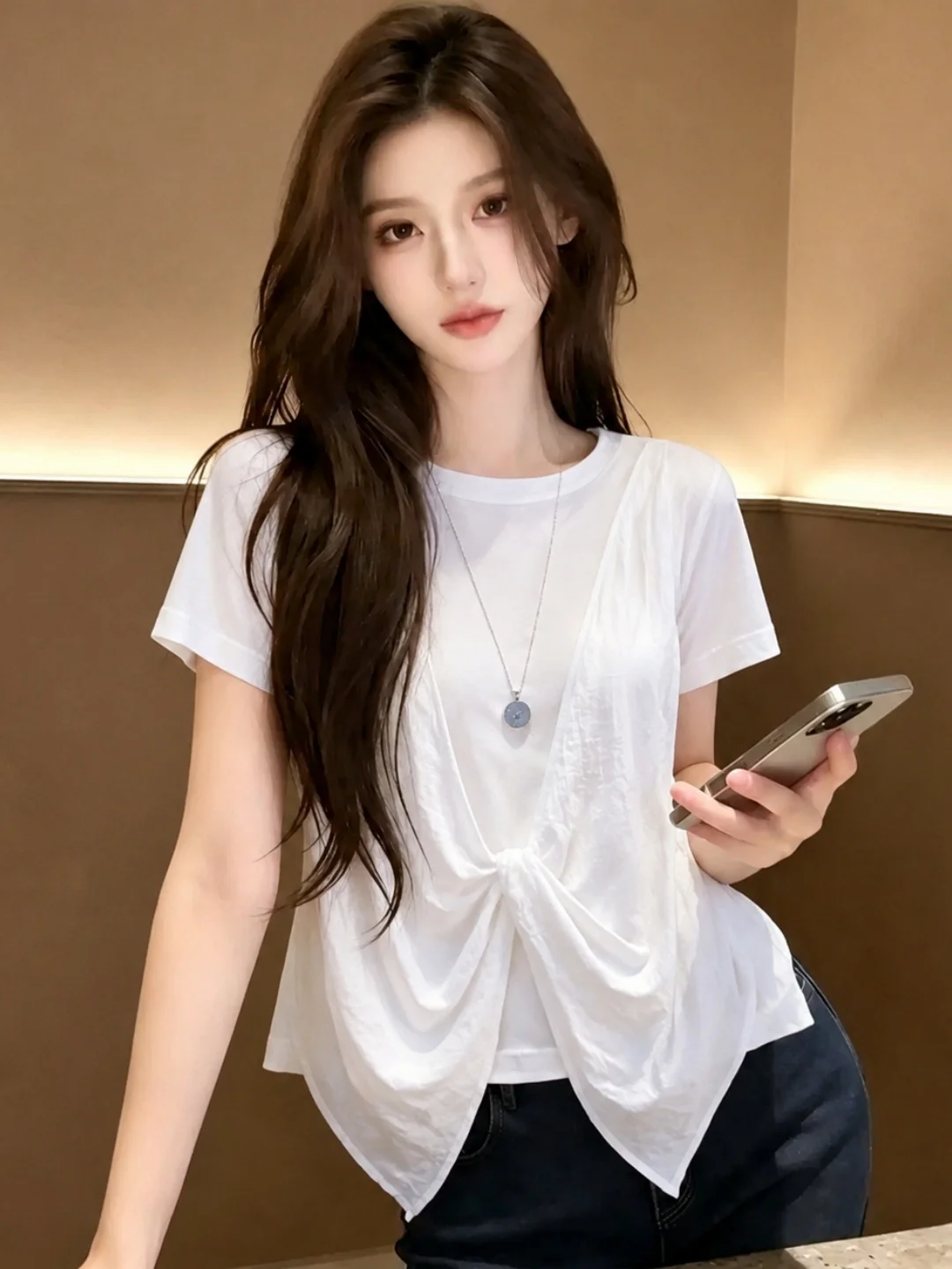 

Korean Style Simple Short Sleeve T-Shirt Women's Overhead Knot Design Summer New Arrival Versatile Basic Color Commute ...