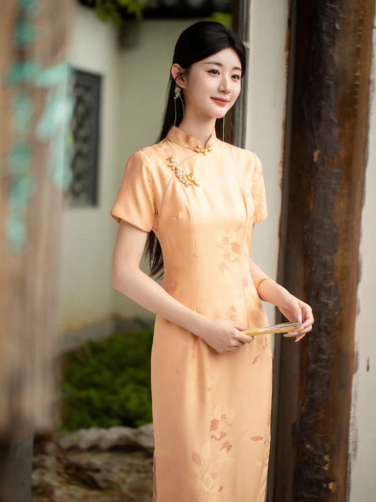 

Шёлковое платье ручной работы в стиле китайского национального костюма, облегающее, винтажное, новинка, длинное, в стиле ципао.