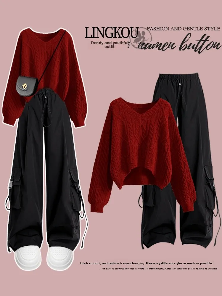

plus Size Autumn Casual Knitted Sweater Set Women's High Waist Wide Leg Workwear Pants Two Piece Set V Ne Faionable Slimming