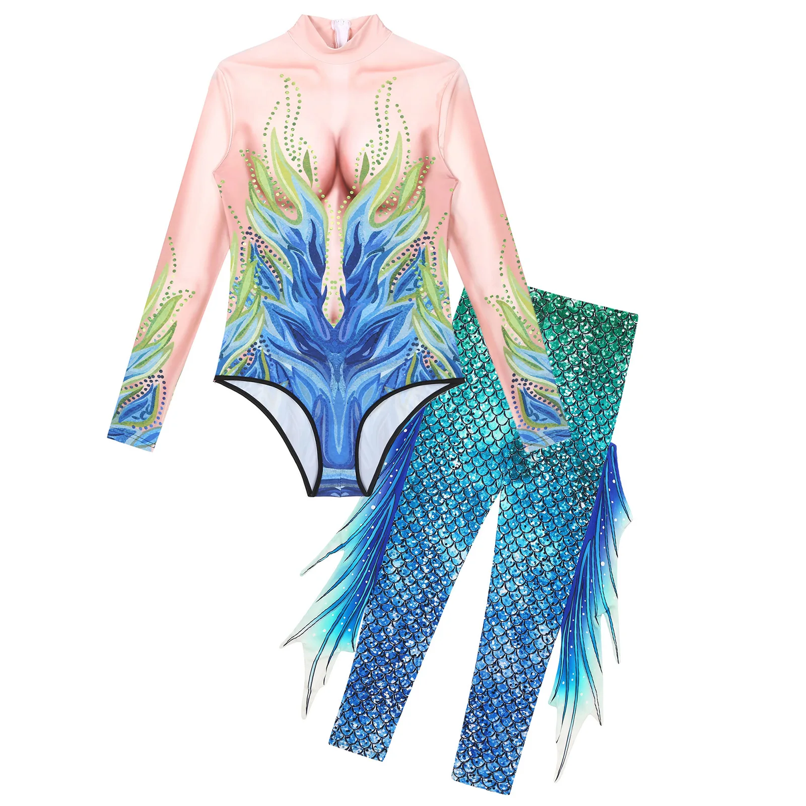 Womens Mermaid Roleplay Set Print Fish Scales Stand Collar Long Sleeves Jumpsuit with High Waist Tights Suit for Halloween Party