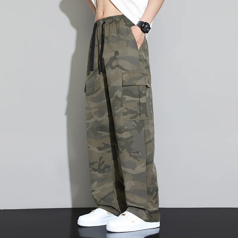 New Summer Lightweight Wide Leg Cargo Pants Men Camouflage Casual Trousers Neutral Loose Pocket Straight Outdoor Fashion 2024