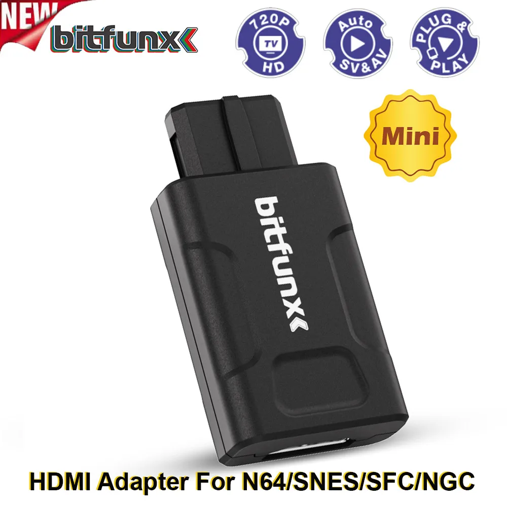 

Bitfunx 720P HDMI Adapter For N64/SNES/SFC/NGC Console 4:3/16:9 Aspect Ratio Switching Auto SV&Composite Input HDTV Converter