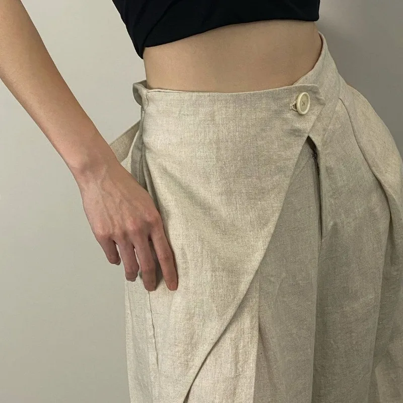 Chic Fashion Women Casual Pleated Wide Leg Pants Linen Texture All Match Loose High Waist Trousers Mujer Pantalones