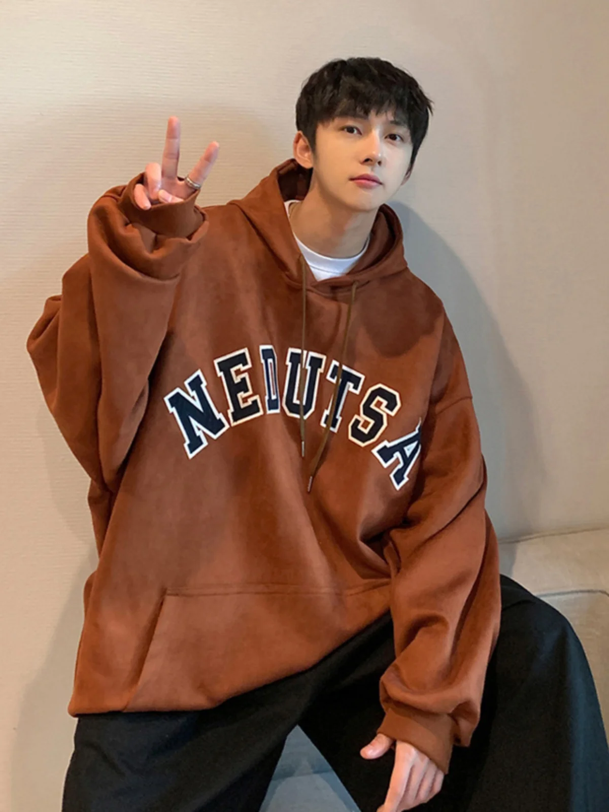 

Vintage Brown Suede Hoodie Men's Spring Autumn Trendy American Heavyweight Jaet Oversize Top Youth Casual Anti-Wrinkle Resi...