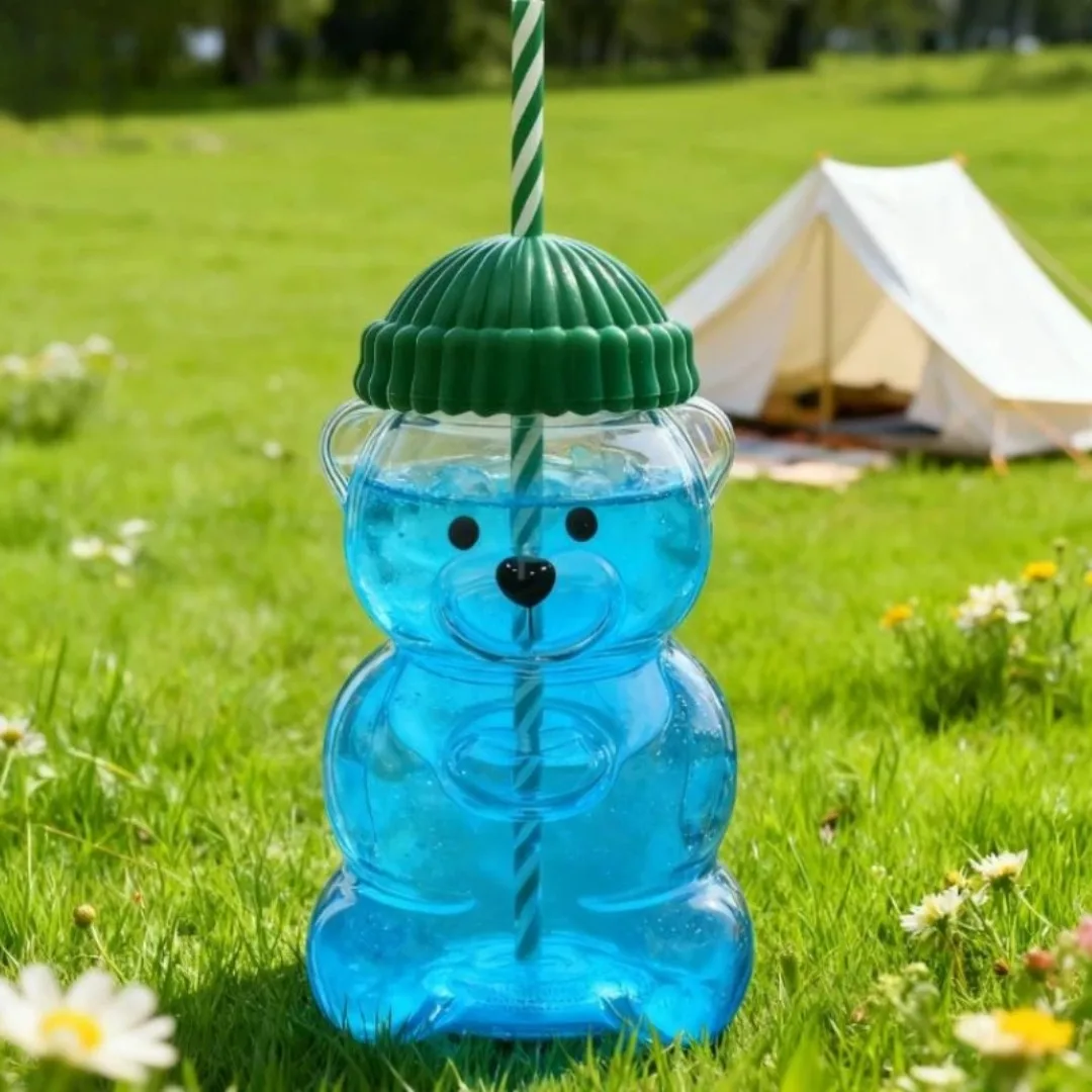 

2026 New Cute 500ml Straw Bear Cup with Lid, Suitable for Transparent Drinking Cups of Juice, Water, Iced Coffee, and Tableware