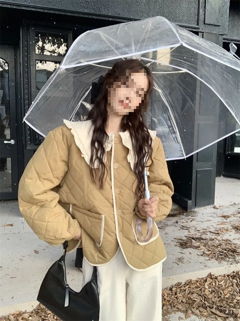 

Парки для женщин, милые, с воротником Питера Пэна, милые, простые, повседневные, для отдыха, зимы, милые, теплые, новинка 2025 года, свободные пальто, винтажные хлопковые