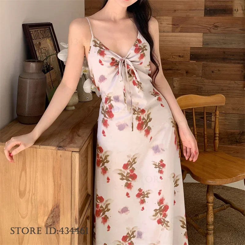 

Print Flower Suspender Nightgown Womens Sleepwear Sexy Long Nightdress Homewear Summer New Night Clothes Loungewear Nightie