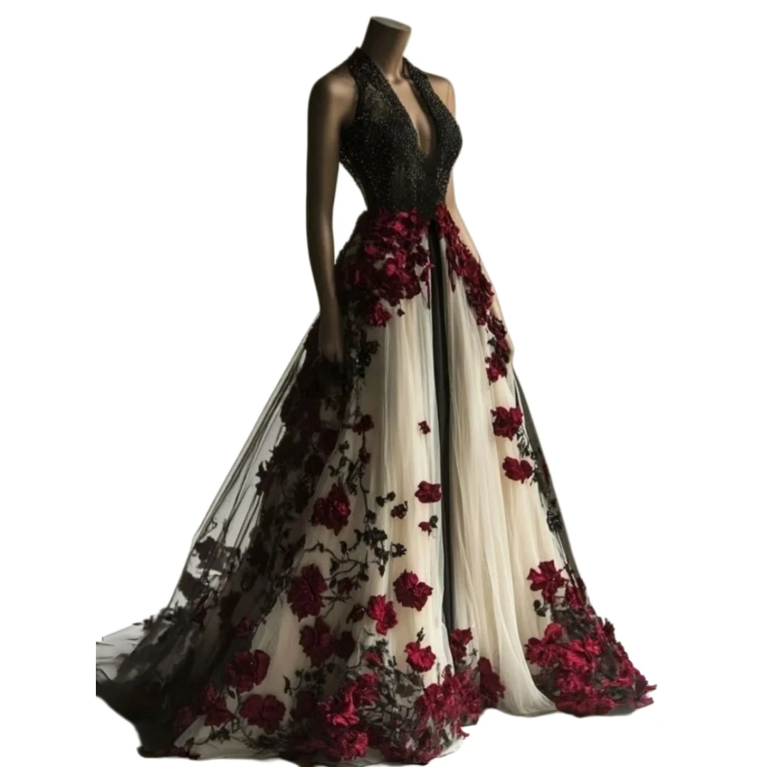 Schwarzes Elfenbein Gotisches Hochzeitskleid mit Neckholder, Perlen und 3D-Rotblumen-Applikationen, A-Linie, Tüll, Langes Vintage-Brautkleid nach Maß