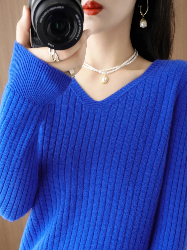 

Женский свитер Camere с V-образным вырезом, вязаный шерстяной топ, весна-осень-зима, свободный крой, для ношения под одеждой, комфортный, дышащий, мягкий, длинный рукав