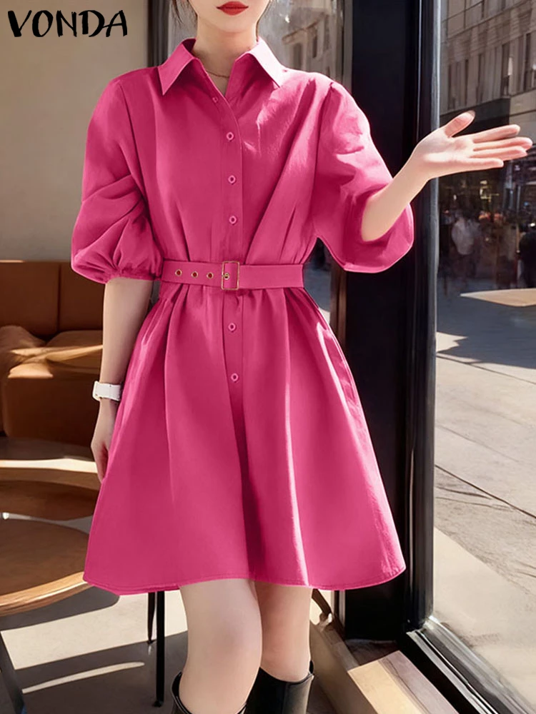 Vonda outono moda vestido feminino 3/4 manga mini vestido de verão com cinto 2025 lapela casual camisa sólida vestidos solto elegante festa robe