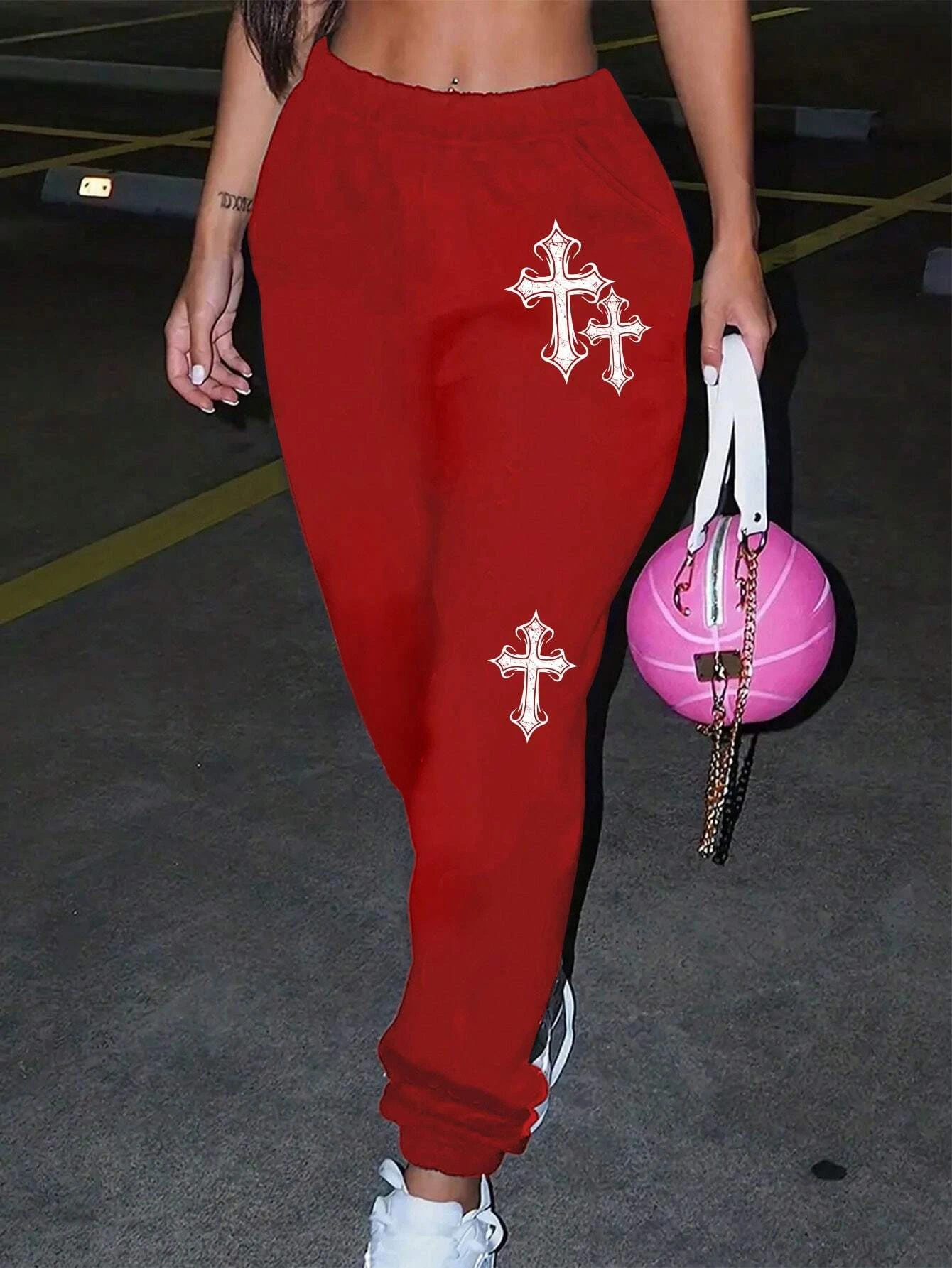 

Плюс распятие с принтом, женские осенние повседневные базовые брюки, универсальные модные брюки с карманами и шнурком, модные уличные брюки женские