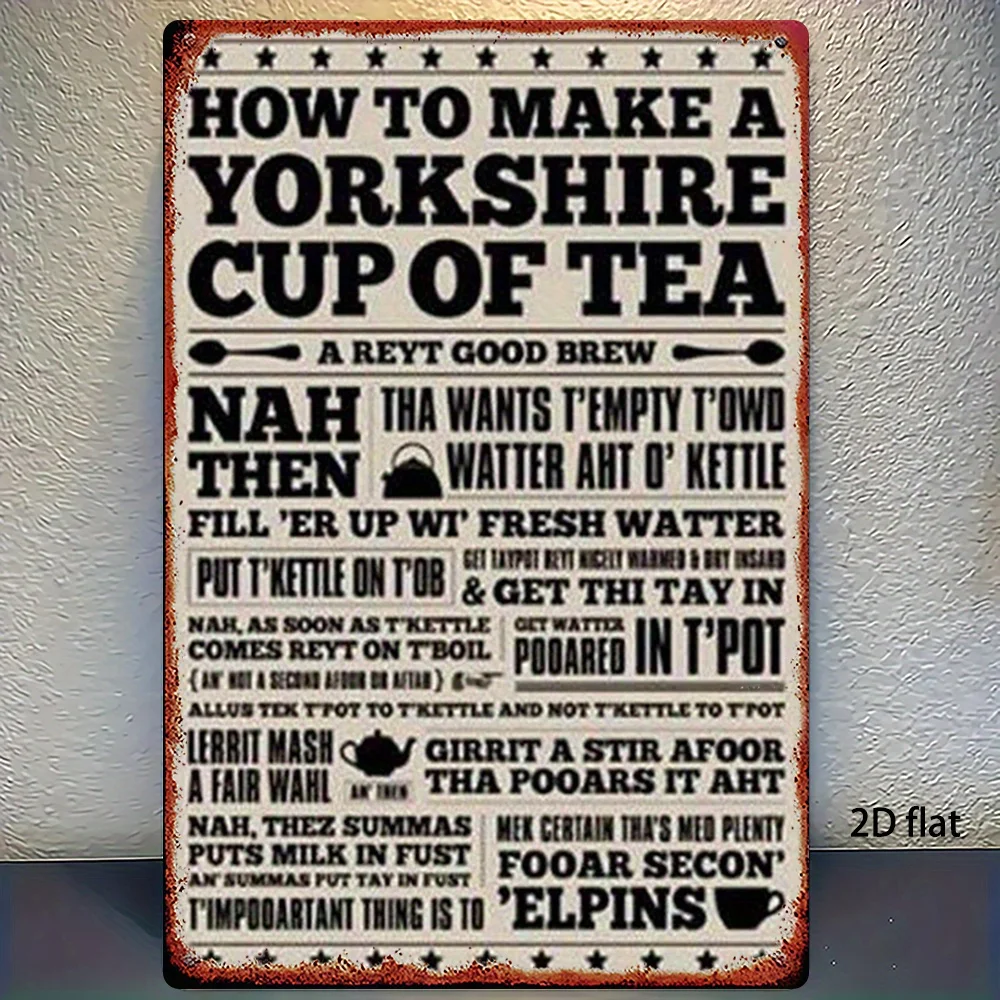 2D Flat - 1 ks Vintage Yorkshire Tea Preparation Guide | Traditional British Tea Making Steps, Iron Wall Hanging Sign,  cm, N