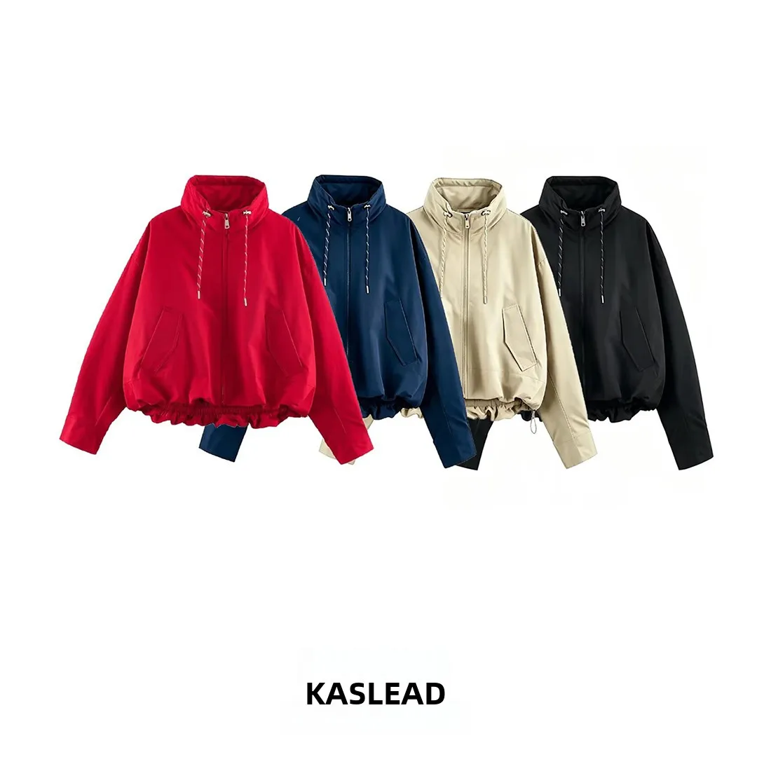 KASLEAD Women's Loose Fit Cotton Jacket Short Outerwear Windproof Polyester Fiber Long Sleeve Zipper Closure Autumn Fashion