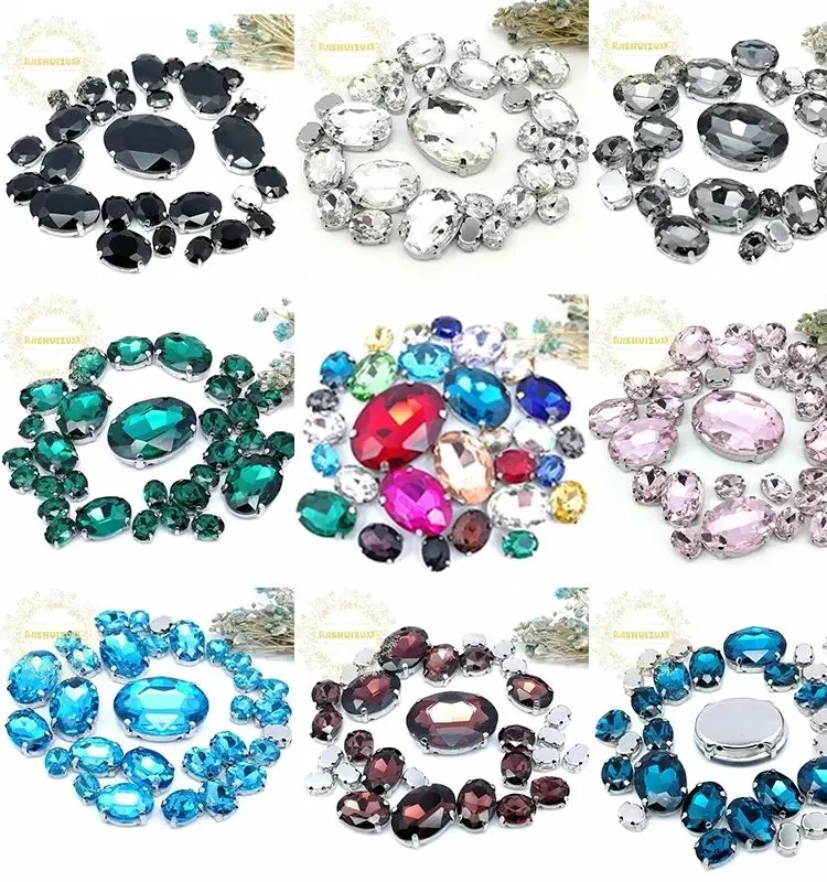 Silver Claw Setting 30pcs/Bag Golden Yellow Oval Shapes Mix Clear Gass Crystal Sew On Rhinestone Wedding Dress Shoes Bag Diy