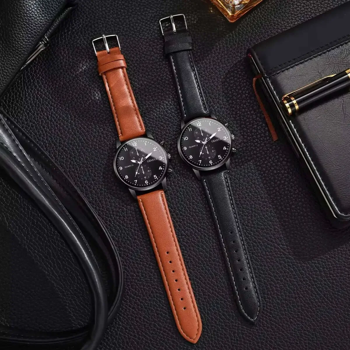 1 Pçs Men's Three-Clasp Business Casual Trendy Leather Quartz Watch High-End Distinguished Wristwatch Large Dial
