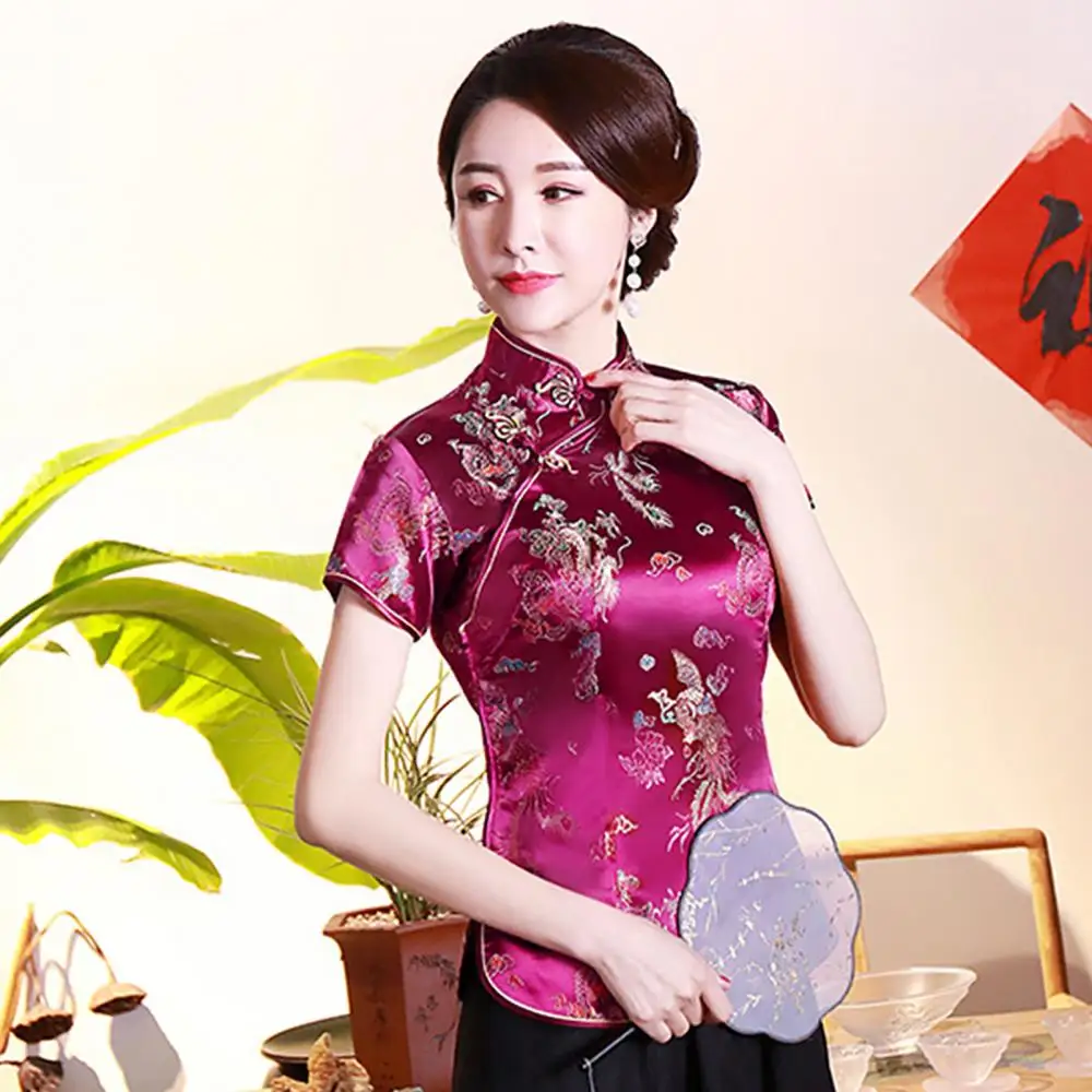 Chemise Cheongsam traditionnelle chinoise pour femme, chemisier brodé, manches courtes, haut surdimensionné, dragon qipao, phénix