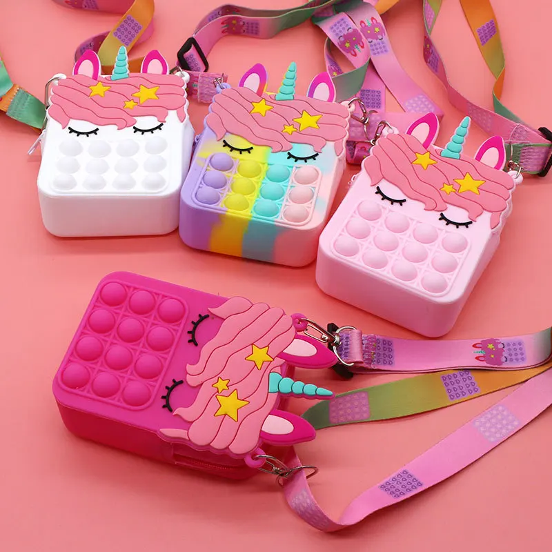 Fashion Fidget Toys Push Bubbles Toy Rainbow Unicorn Coin Purse Wallet Ladies Bag Silica Simple Dimple Crossbody Bags For Girls