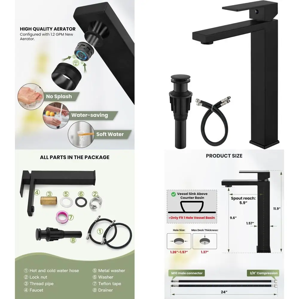 

Modern Matte Black Single Handle Tall Vessel Sink Faucet with Hose & Pop-Up Drain, No Overflow