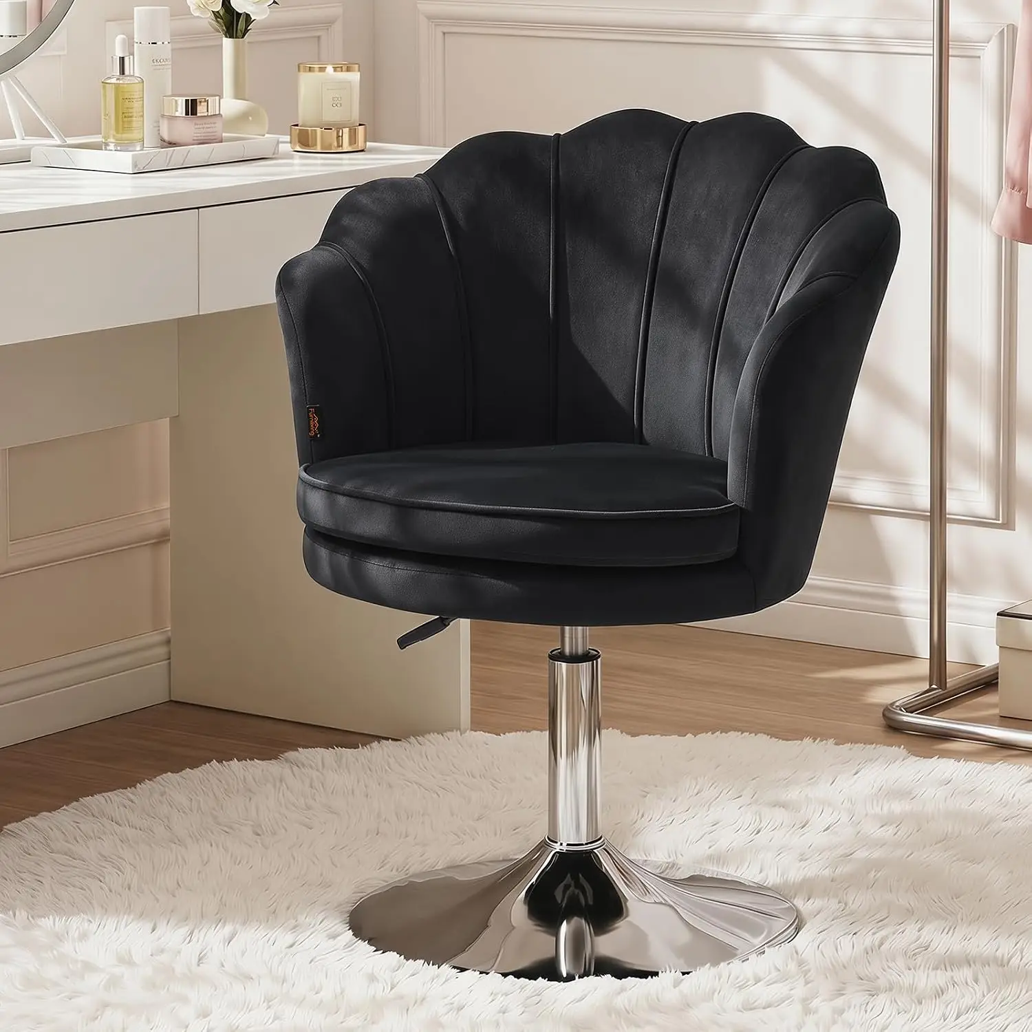 Velvet Vanity Chair No Wheels, Modern Swivel Makeup Chair with Ergonomic Lotus-Shaped Backrest, Height Adjustable, Comfy Desk