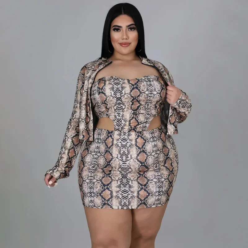 KEXU Leopard Print Women Plus Size Set Full Sleeve Zipper Coat Cut Out Strapless Mini Dress Two 2 Piece Sets Fashion Outfit