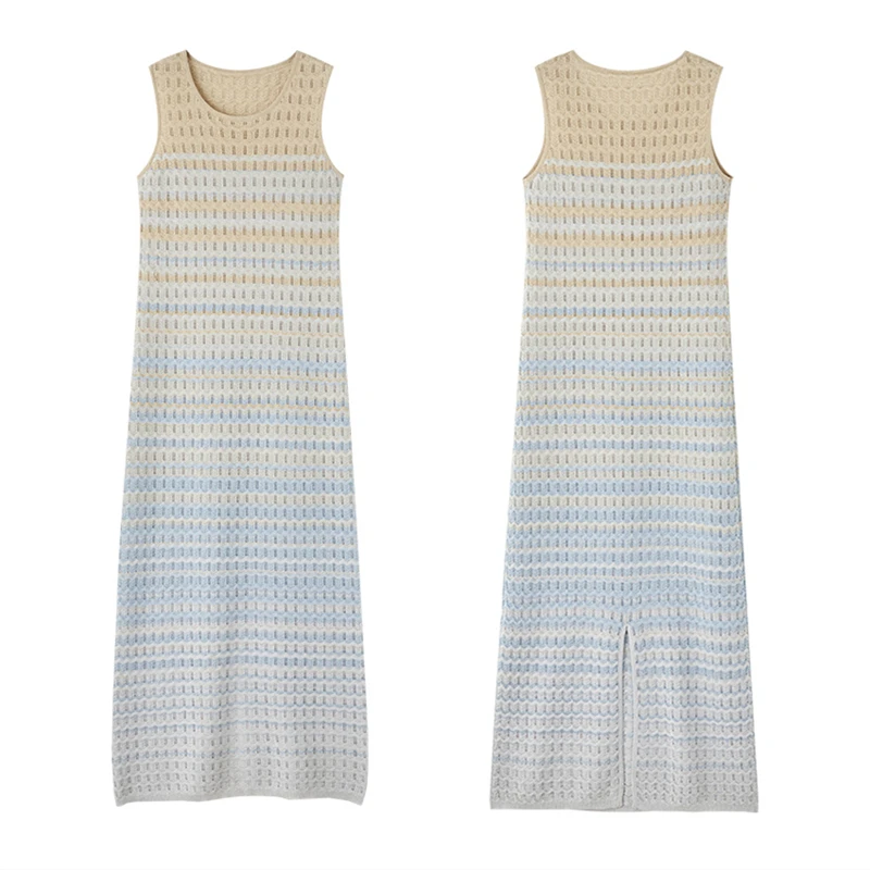 Novedad de verano, vestido de punto a rayas degradadas a la moda para mujer, vestido francés elegante sin mangas con huecos, vestido largo informal para vacaciones