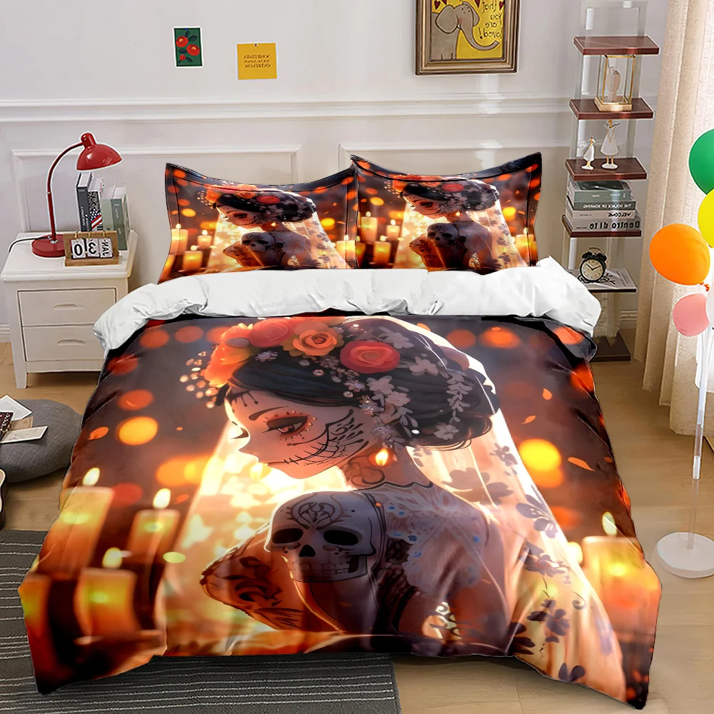 3pcs Mexican Day of The Dead Theme Print Bedding Set Duvet Cover 1 Duvet Cover 2 Pillowcases Adults and Children Luxury Gifts