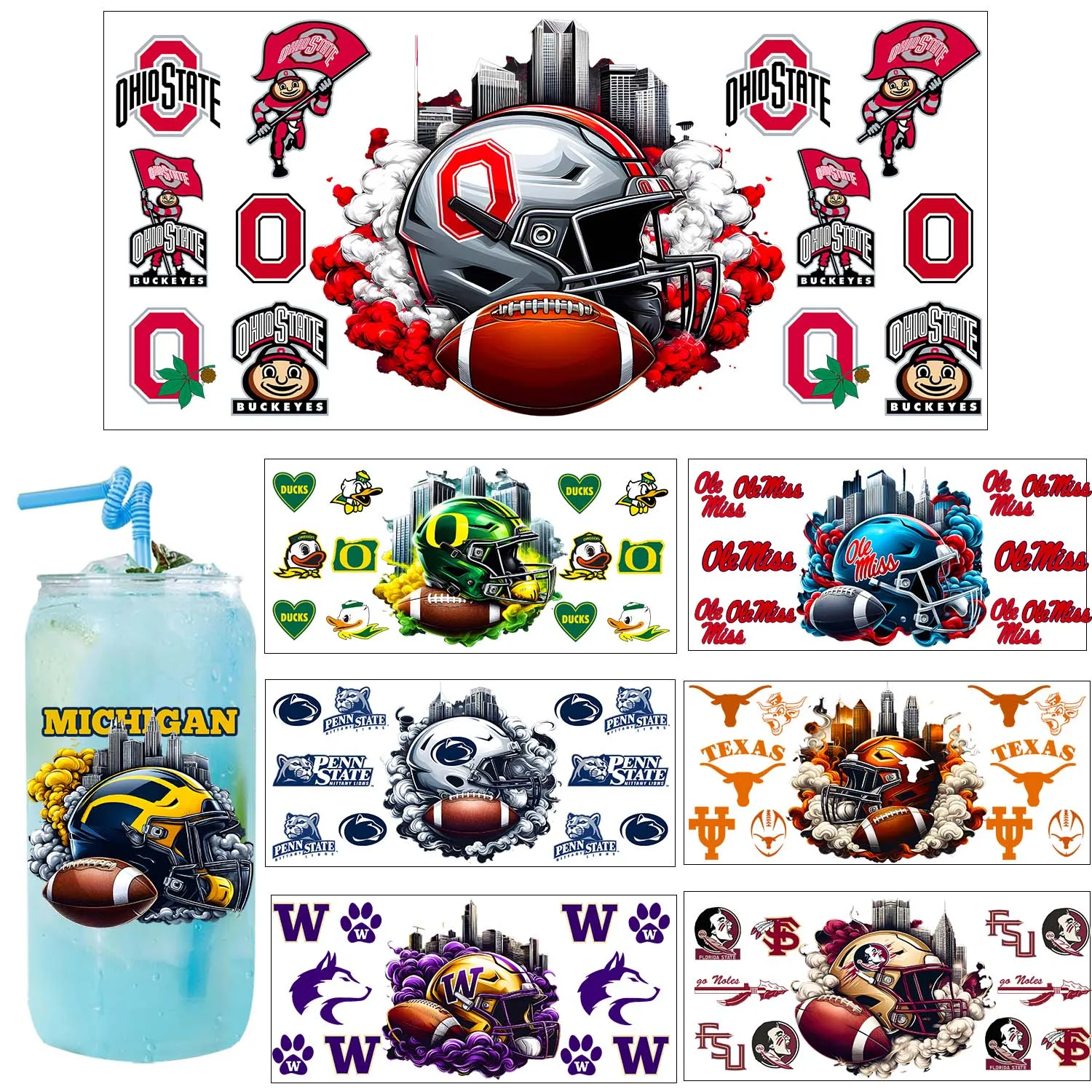College football Game day Style UV DTF Sticker Party DIY Decals 3D transfers uvdtf tumbler seal stickers 16oz uv dtf cup wraps