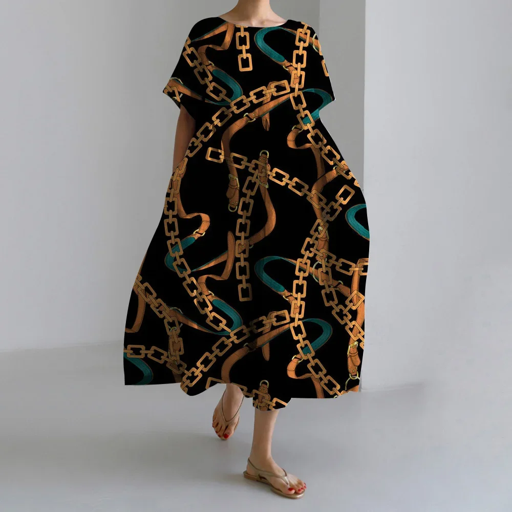 

Women's Dresses Summer Loose Clothing Bohemian Dresses 2024 New Short Sleeve Evening Fashion O Neck Lock Chain Printed Pullover