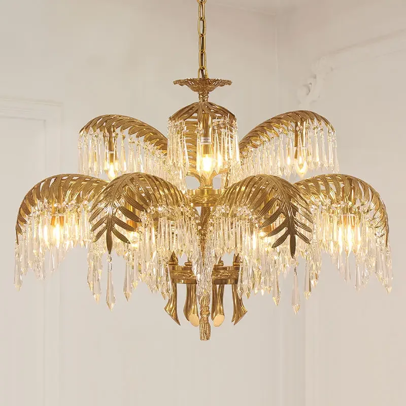 European French Style Villa Hotel Empire Luxury Crystal Lights Brass Pendant Lamp Victorian Palm Bronze Chandelier