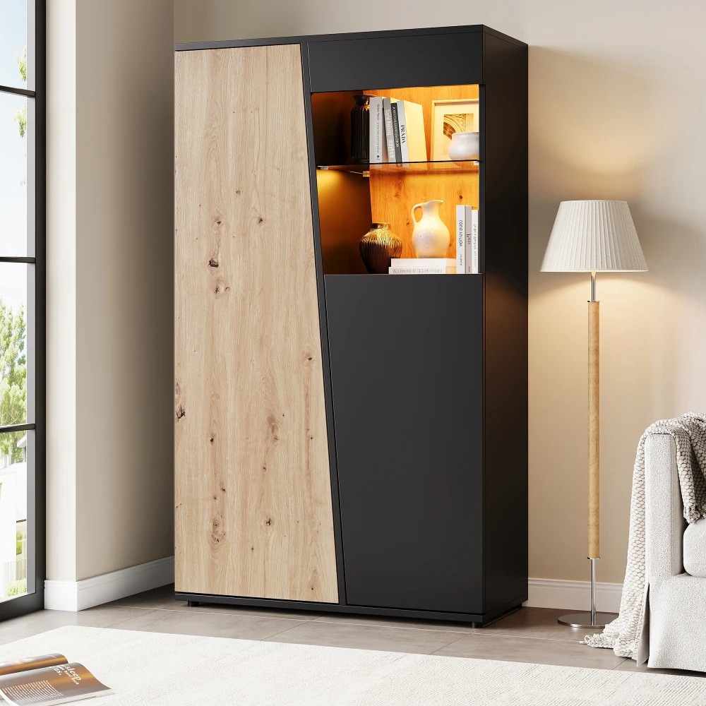 Vitrine noire et couleur bois de 80×35×139,5 cm, meuble de présentation haut et autoportant avec porte en bois, panneaux de séparation en verre transparent, rangement multi-compartiments, armoire de présentation anti-poussière pour objets de collection, idéale pour la décoration intérieure.