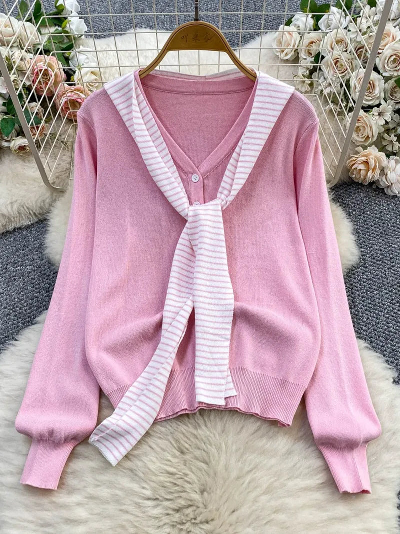 Vintage Sweet Striped Hooded Shawl Sweater Women's Coats 2025 Autumn Light Mature Knitted Slimming V-neck Cardigan Female Tops