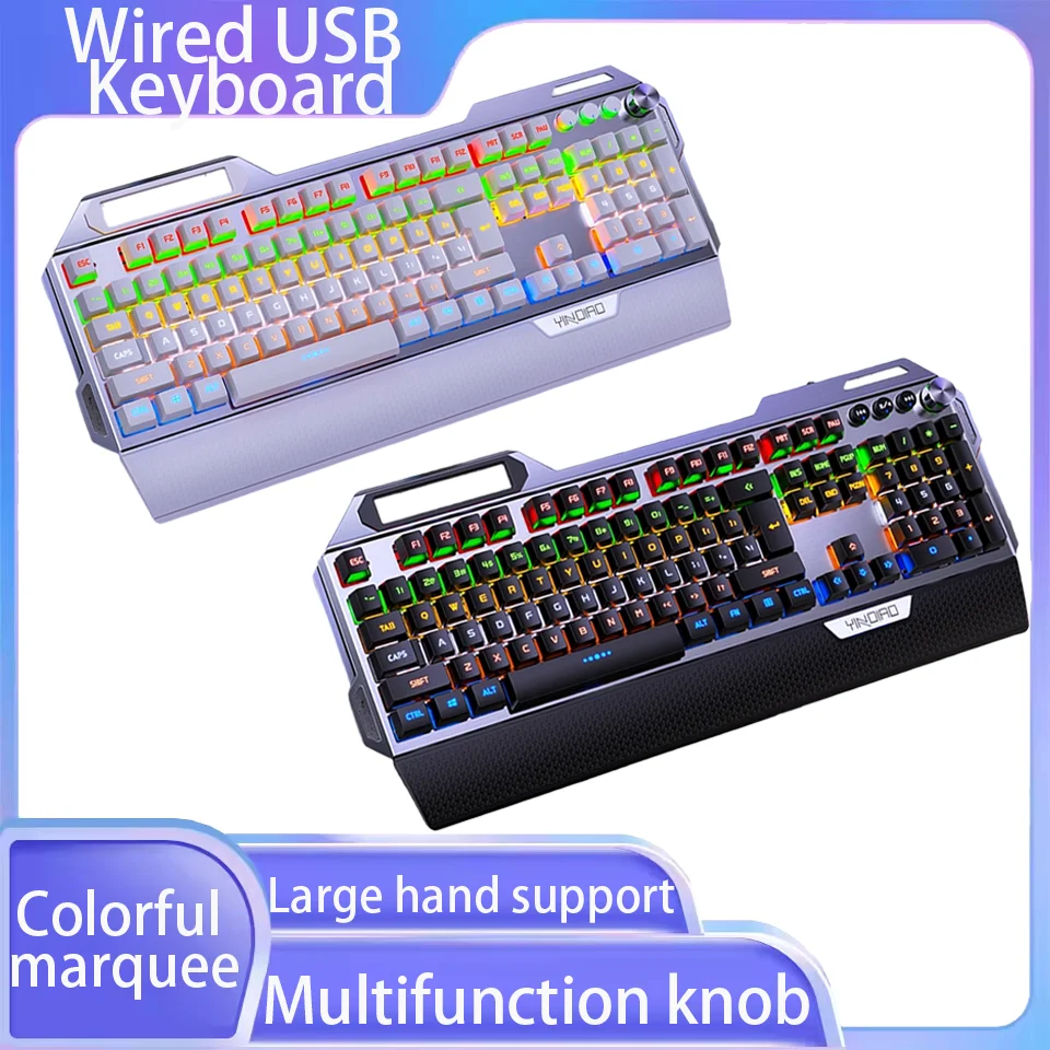 

Механическая проводная USB-клавиатура, многофункциональная ручка, 12 типов, красочная шатунная подсветка с подставкой для мобильного телефона, клавиатура с большой рукой