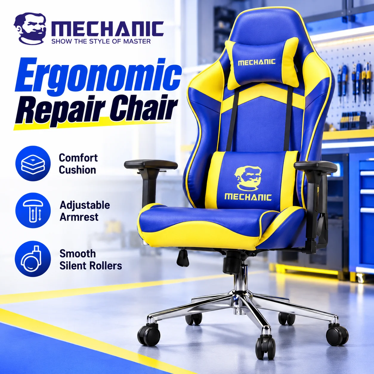 MECHANIC Ergonomic Gaming Chair Adjustable Armrests Lumbar Support Headrest Carbon Fiber Leather Office Chair for Technicians