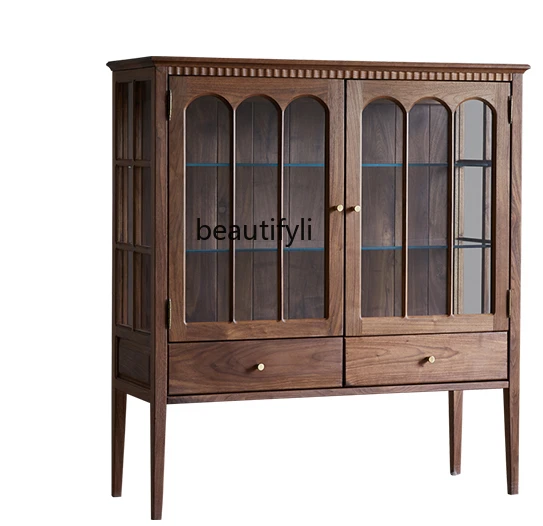 Solid Wood Glass Wine Cabinet Vintage Display Cabinet Guest Restaurant Ceramic Storage Cabinet