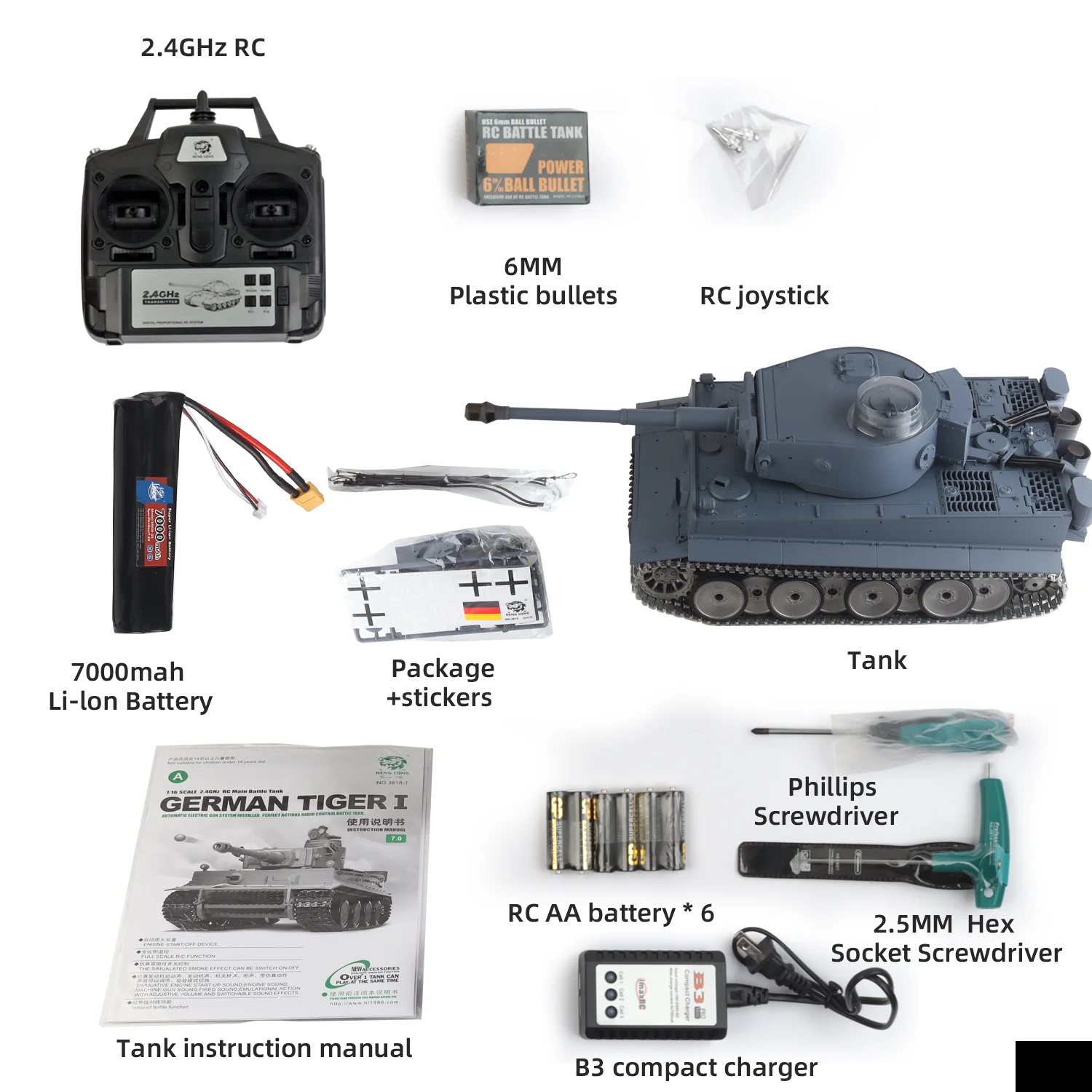 Heng Long 1/16 rc tanks model German Tiger Tank Metal Pro Version 3818 ( Metal Wheels & 360° Turret Rotation & Track )