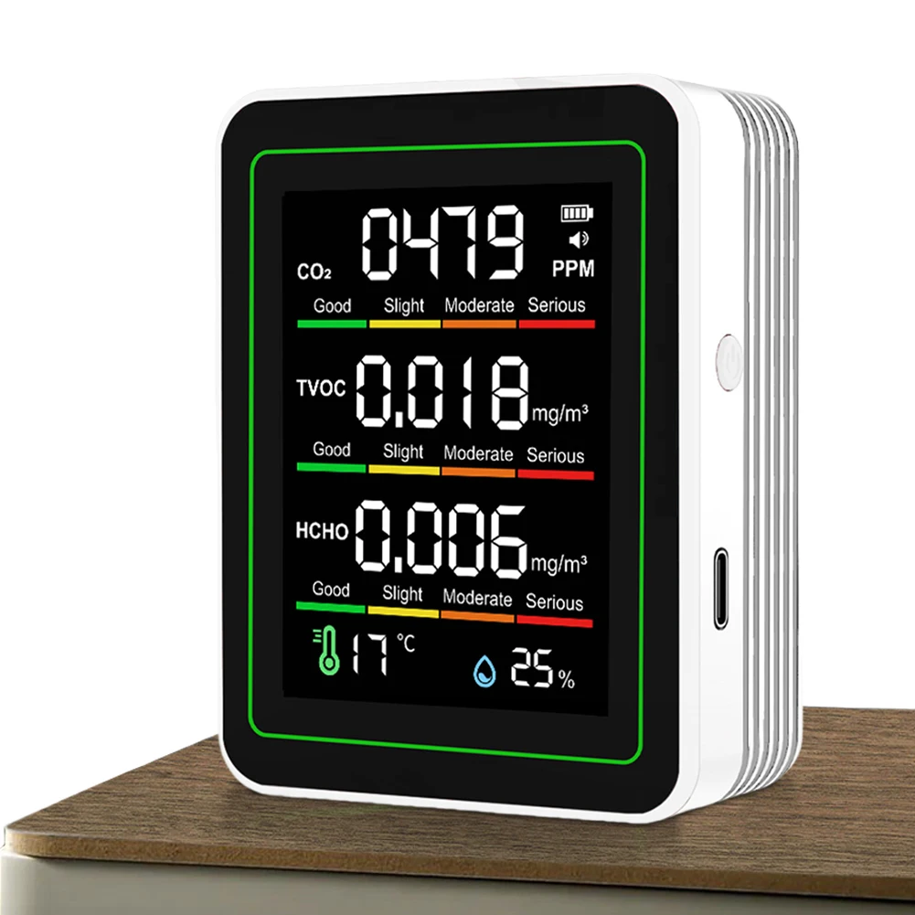 

Многофункциональный измеритель качества воздуха 5 в 1: CO2, TVOC, HCHO, температура, влажность. Тестер для дома и офиса.