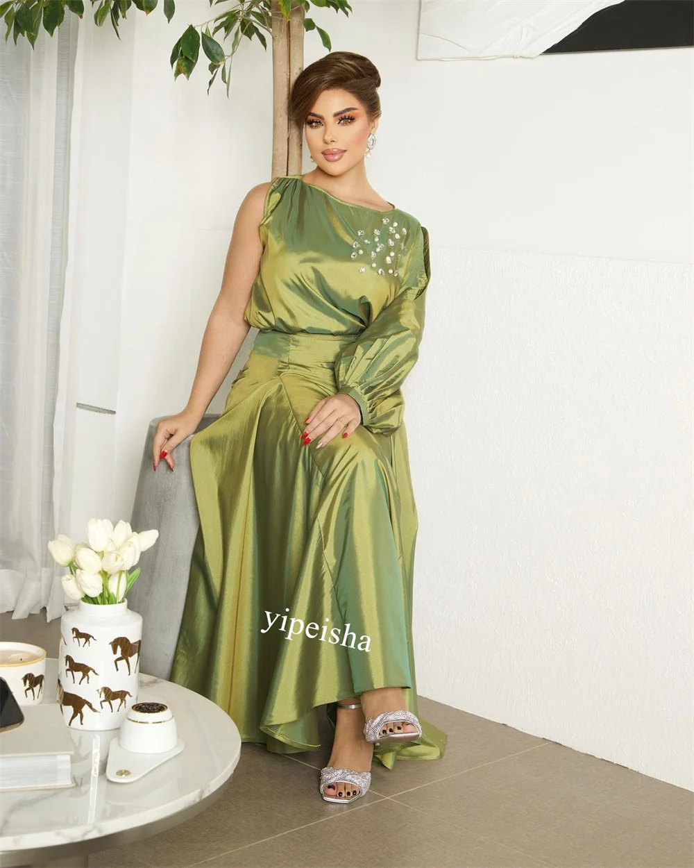  Charmeuse Rhinestone Evening A-line O-Neck Bespoke Occasion Gown Midi Dresses Saudi Arabia 