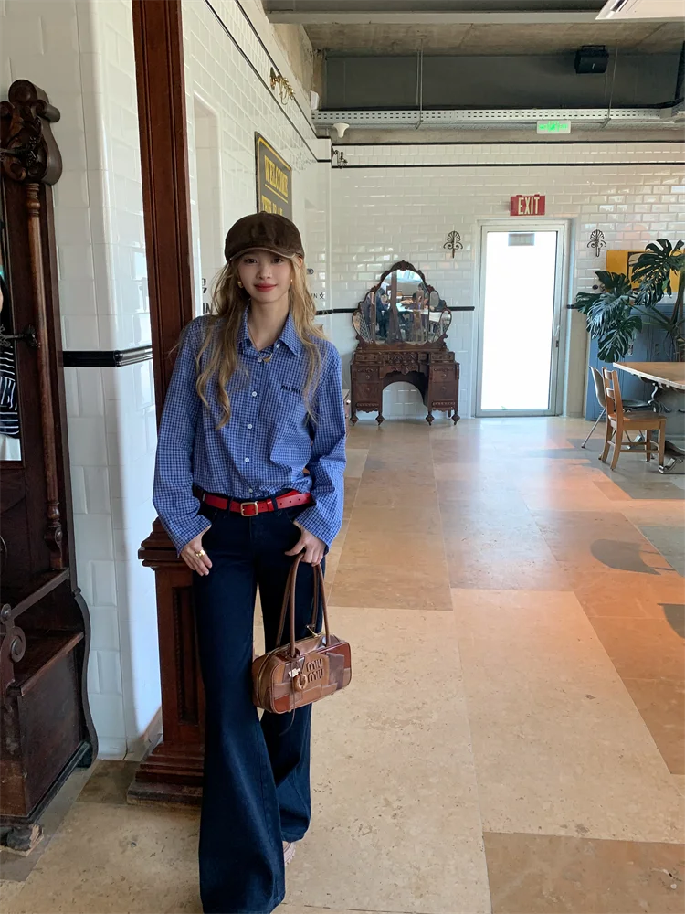 

Retro White Cotton Plaid Long Sleeve Button up Embroidered Letter Simple Style Women's Shirt Fashionable And Elegant