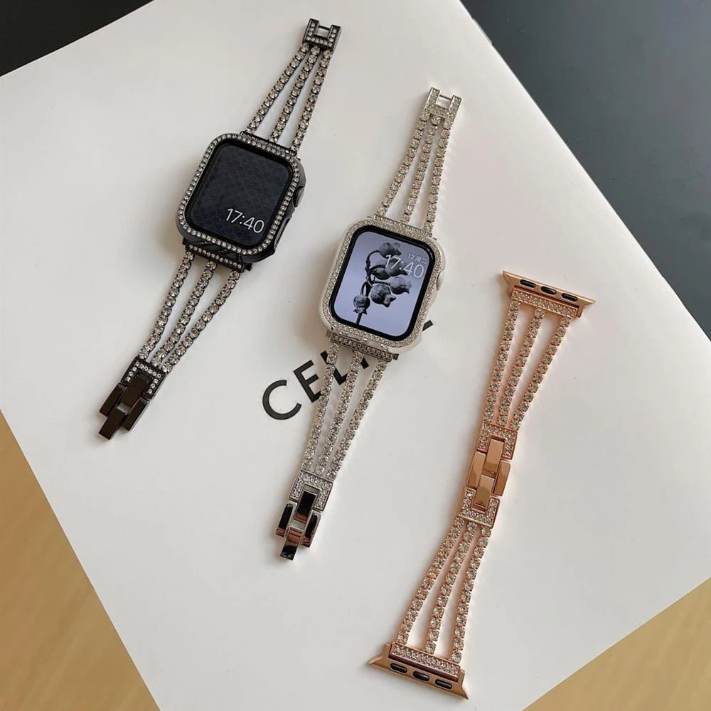 Apple Watch用ダイヤモンドメタルストラップ,女性用バンド,iwatchシリーズ9,8,7,10,46mm, 45mm, 41mm, 44mm 40mm、49mm、42mm