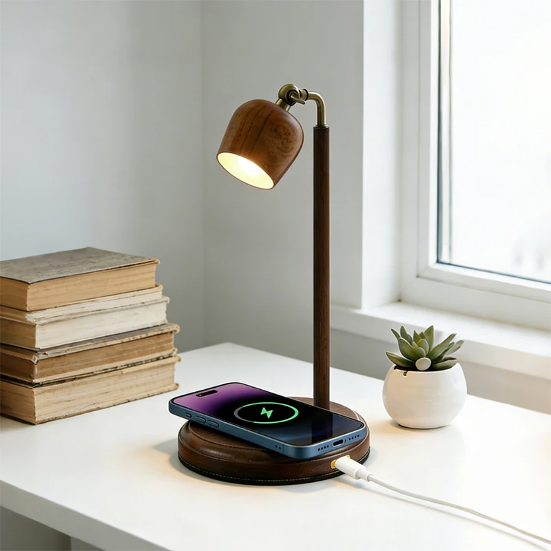 Luminária de Mesa de Madeira com Carregador Sem Fio Qi de 15W para Celular, Alimentada por USB-C, Luzes Tricolor, Lâmpada de Mesa para Quarto e Casa