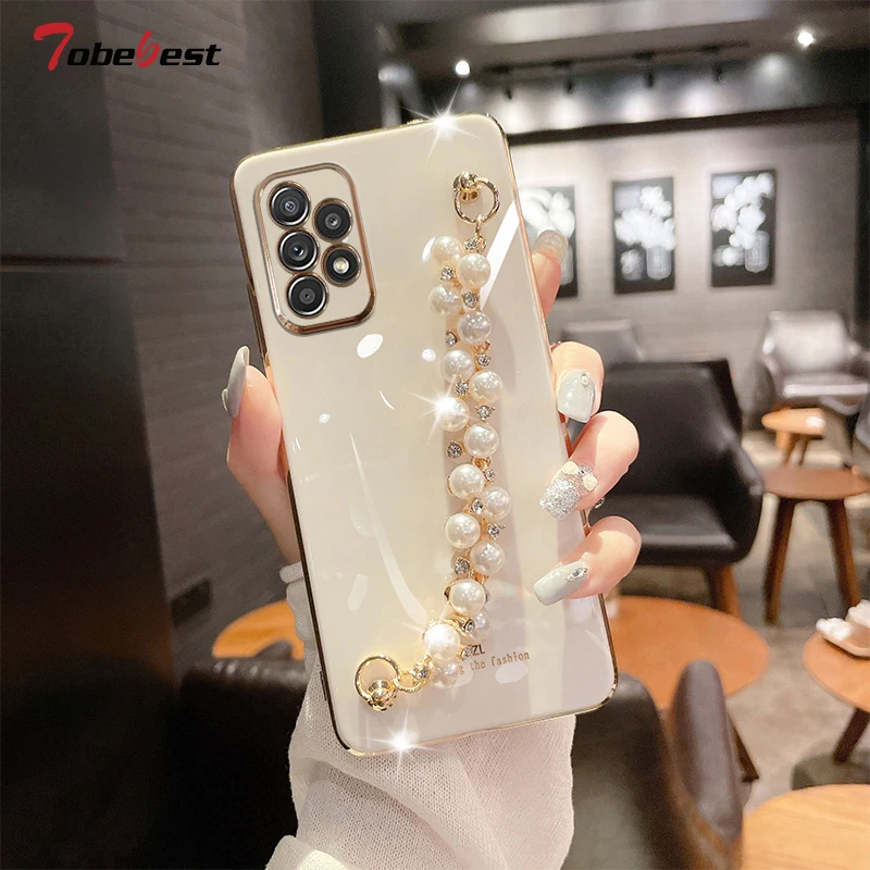 Diamond Pearl Bracelet Chain Painting Silicone Case for Samsung Galaxy A12 A22 A32 A42 A52 A72 A82 A52S A13 A53 M32 4G 5G Cover