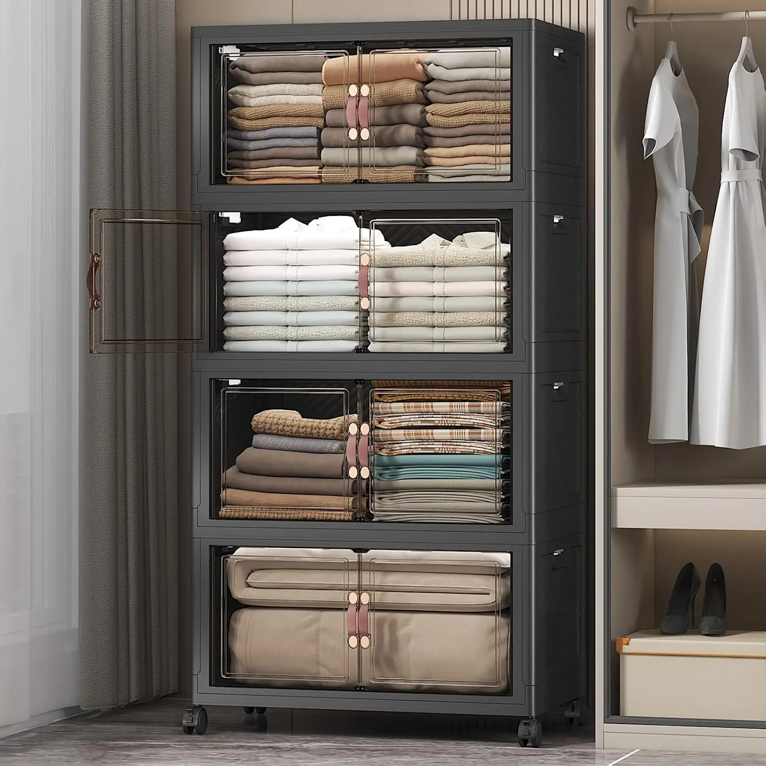

Stackable Storage Bins with Lids & Wheels & Door, Foldable Collapsible Closet Organizers, Extra Large Plastic Storage Drawers fo